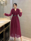 Autumn Station Temperament Retro Lotus Leaf Side Bubble Long Sleeve V Collar Thin A Word To Close The Waist 100-Fold