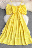 Vintage Women Spaghetti Strap Plaid Dress Female Elegant Short Puff Sleeve High Waist A-Line Casual Vestidos New