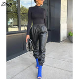 Drawstring PU Leather Joggers Pants Women Harem Trousers Solid Color High Waist Slim Long Pants Elegant Lady