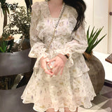 Long Sleeve Fairy Dress Women Sweet Ruffle Elegant Princess FloralDress Female 2021 Autumn Slim Korean Party Mini