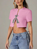 Simple Diamond Bow Bow Short-Sleeved T-Shirt 2025 New Trendy Niche Girl Open Fork Blouse Autumn And