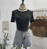 Summer Denim Splicing Mesh Yarn Short-Sleeved T-Shirt Design Fake Two Hot Girl Short Top