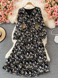 Autumn Women Floral Chiffon Midi Dress Vintage V-Neck Flare Long Sleeve High Waist A-Line Vestidos Female New