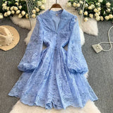 Spring And Summer Sweet Court Style V Collar Lantern Sleeve Fashion Embroidery Spoon Thin A Word Elegant Dress Woman