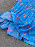 Women Floral Pleated Dress Elegant Bow Collar Flare Long Sleeve High Waist A-Line Ruffle Draped Vestidos Female Robe