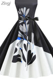 Women Elegant Floral Print Midi Dress Summer Vintage Casual Sleeveless High Waist Party Sundress With Belt