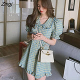 Sleeve Dresses Women Preppy Style Lovely Plaid Mini Club Ruffles Chic Design Female Korean Vacation College Maiden