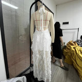 Sleeveless Slings With Lot Leaves Side-Off Long Dress Hot Net Yarn Splicing Holiday