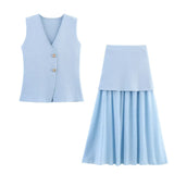 Women's 2025 Summer New V-Neck Gold Button Knitted Vest + Folding Skirt