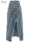 Women's Denim Skirt High Waist Long A-line Skirts Y2k Vintage Streetwear Retro Korean Harajuku Denim Blue Jean Skirt With