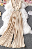 Notched Collar Draped Rompers For Women Casual Sleeveless High Waist Wide Leg Playsuits Female Beige/Green Jumpsuit