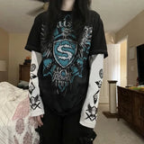 E-Gir Gothic Grpahics T-Shirt Vintage Gothic Printed Round Collar Loose Shirt