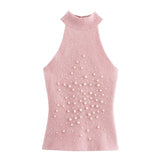 Women's Temperament Sleeveless Hanging Neck Knitted Shirt Artificial Jewelry