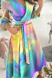 Women Summer Long Dress Short Sleeve V Neck Solid Vintage Elegant Chic Shirt Dress With Belt Office Ladies Party