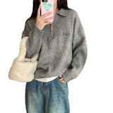 Zingj Polo Collar Half Zipper Design Jumsweater Top Women's Loose Jacket Embroidered Letters Thick Sweater-Outfit