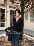 Xixi 2025 Autumn White Label New Temperament Lace V Word Collar Shirt Lady 100 Cloth Women