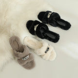 And Winter New Hairy Shoes With Plush Warm Metal Plus Plush Outside Wearing Flat-Bottom Slippers Women's Foot