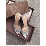 Summer New Sharp Head Diamond Transparent High Heels Fine Heel Crystal Sandals Silver One-Word Slippers Women