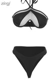 Sexy Bikini Women 2Piece Beach Set Halter Mesh Patchwork Bra Top+Thong Panties Party Vacation Swimsuit Matching