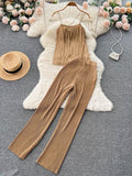 Women Pleated Set Sexy Spaghetti Strap Camis Tops + High Waist Wide Leg Loose Pants Casual Red/Yellow/Brown Suits
