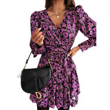 Women's Dress European Station Spring And Autumn Print V Collar Waist Long-Sleeved