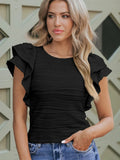 Texture Lotus Side Short-Sleeved T-Shirt Women 2025 Casual Round Collar T-Shirt