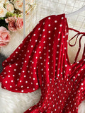Sexy Polka Dot Romper Women Elegant V-Neck Puff Short Sleeve High Waist Jumpsuit Female Loose Wide Leg Playsuits