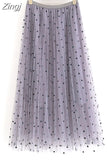 Layers Mesh Sweet Dot Pleated Skirt Women Solid Elastic Waist Spring Summer Elegant Office Ladies Long Skirts Casual