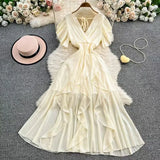 Niche Design Cross V Collar Small Flying Sleeves To Show Thin Chiffon Dress Super Fairy Leaves Side