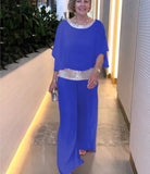 New Solid-Color Suit Round-Collar Sleb Set Of Bright Bat Shirt Wide Leg Trousers Set For