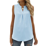 Solid Color Chiffon Leisure Shirt Loose V-neck Pullover Sleeveless Top