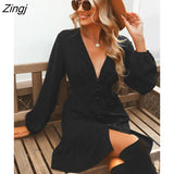 PETAL Plunge Button-Loop Mini Dress For Women Solid Black Sexy Long Sleeve Party Dress 2023 Autumn Winter Female