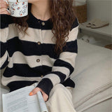Zingj And White Striped Knit Cardigan Short Fall 2024 Korean Version Lazy Wind Loose Round Neck Sweater Coat Female Jacket-Outfit