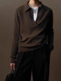 And Winter Gray Bottom V-Neck Small Collar Wool Sweater Women Loose High-End Knitted Shirt With Long Sleeve