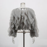 Elegant Short-Colored Women's Top 2025 Autumn And Winter New High-End Splicing Multi-Layer Mesh Shirt