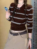 Cocoa Design Small Gentle Brown Striped Knitted Polo Shirt Girl Early Autumn Collo Long-Sleeved