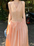 Island Pink Niche Gentle And Comfortable Thin Hanging Neck Dress Women Lace Splicing French Long