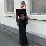 Autumn And Winter Women's Fashion Word Shoulder Long Sleeves Bare Waist Mesh Splicing Bag Of Hip