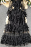 Autumn Women Ruffle Mesh Party Long Dress Sexy Slash Neck Off Shoulder See Through Maxi Robe Female New