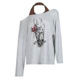 Greek Print Fake Two Collar Bump Color Loose Long-Sleeved T-Shirt Sexy Side-Shoulder Hop Casual