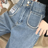 Pearl Jeans Women Korean Streetwear High Waist Washed Denim Wide Leg Pants Female Loose Casual Straight Baggy