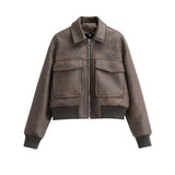 Zingj New Women's Casual Imitation Leather Loose Short Jacket