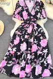 Women Floarl Dress Vintage V-Neck Short Sleeve Printed A-Line Elegant Midi Vestidos Female Casual Robe Bohemian 2023