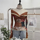 Oil Painting Print Collar A Word Twisted Folded Short-Sleeved Trumpet Blouse