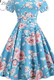 Floral Print Elegant A-line Party Dress Women Slim White Short Sleeve Swing Pin up Vintage Dresses Robe