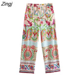 Women Vintage Paisley Patchwork Floral Print Straight Pants Femme Chic Elastic Waist Long Trousers Pantalones Mujer
