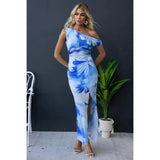 Spring And Summer New Slanted Shoulder Printing Elastic Force Of Rib Dress INS Casual Dress
