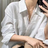 Spring And Summer New Shirt Women's Long-Sleeved Lace Splicing Design Sense Of Simple Commuting Thin
