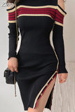 Winter Knitting Mini Dresses for Women Sexy Strapless O-neck Long Sleeve Robe Femme Side Split Button Vestido Autumn