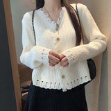 Zingj Spring And Autumn New V-Collar Loose Solid Color Sweater Wool Edge Pit Women's Article Knitting Cardigan Female Jacket Coat Tide-Outfit